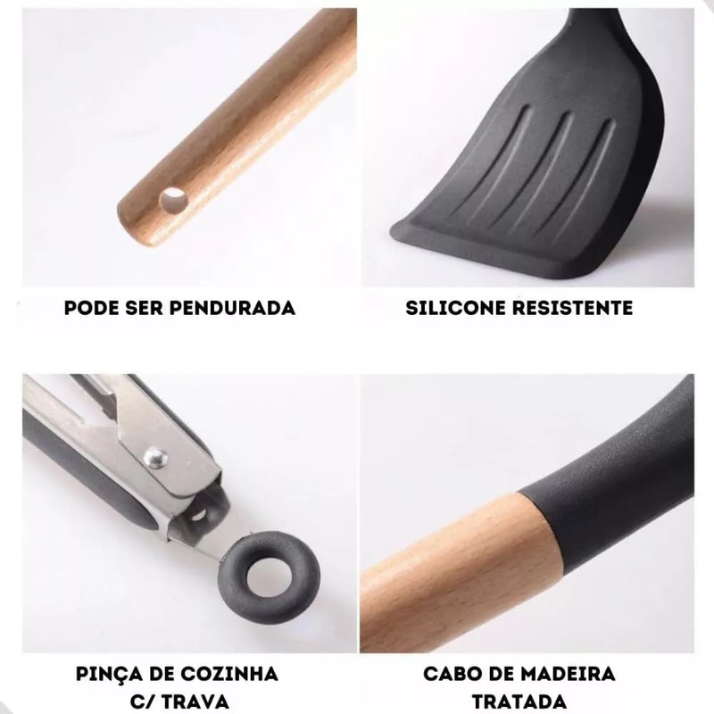 Jogo de Utensílios de Cozinha 12Pçs - Silicone e Cabo de Madeira - Cinza / Madeira