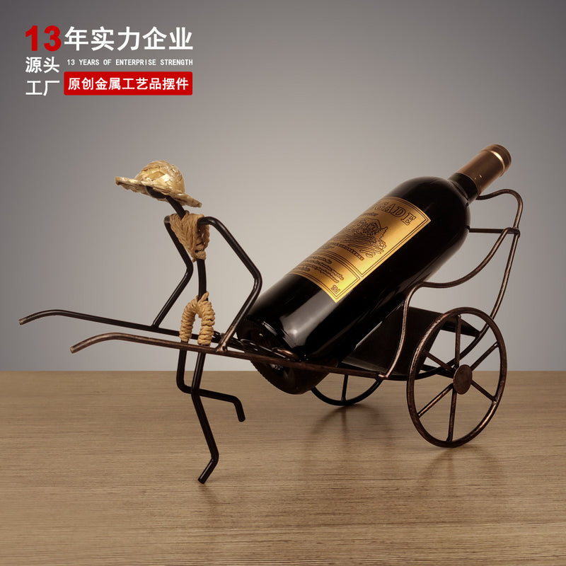 Home Elegance Nostalgic Chinese Style Retro Rickshaw Ornament Wrought Iron Wine Rack Crafts Home Decoration