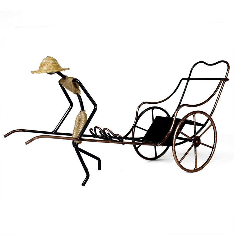 Home Elegance Nostalgic Chinese Style Retro Rickshaw Ornament Wrought Iron Wine Rack Crafts Home Decoration