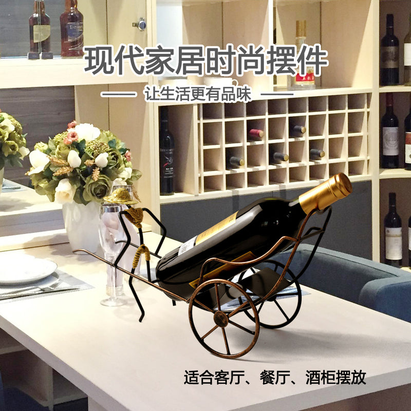 Home Elegance Nostalgic Chinese Style Retro Rickshaw Ornament Wrought Iron Wine Rack Crafts Home Decoration