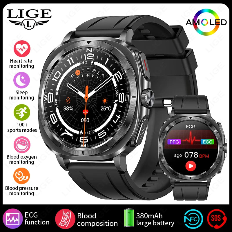 2025 New AI Medical Diagnosis Blood Lipids Uric Acid HRV Monitor Smart Watch Men ECG+PPG NFC Bluetooth Call Health Smartwatch