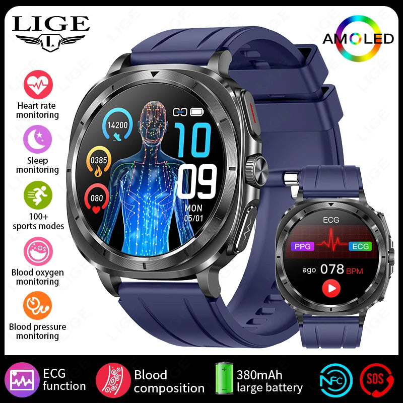 2025 New AI Medical Diagnosis Blood Lipids Uric Acid HRV Monitor Smart Watch Men ECG+PPG NFC Bluetooth Call Health Smartwatch