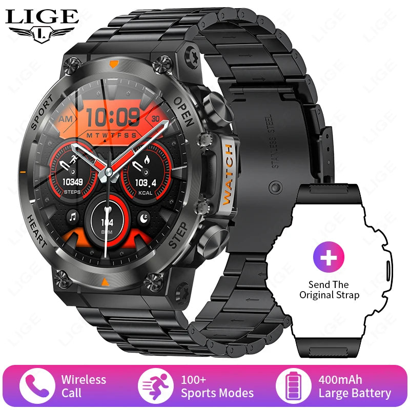 LIGE New Smart Watch Men Military Sports Fitness Tracker Blood Pressure Waterproof Watches BT Call Smartwatch For Women 400mAh