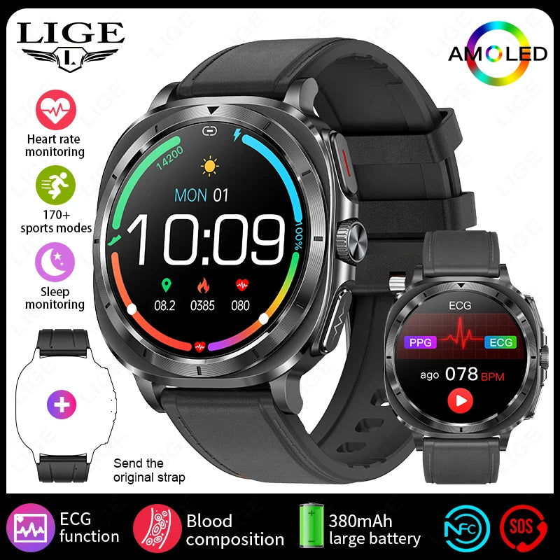 2025 New AI Medical Diagnosis Blood Lipids Uric Acid HRV Monitor Smart Watch Men ECG+PPG NFC Bluetooth Call Health Smartwatch