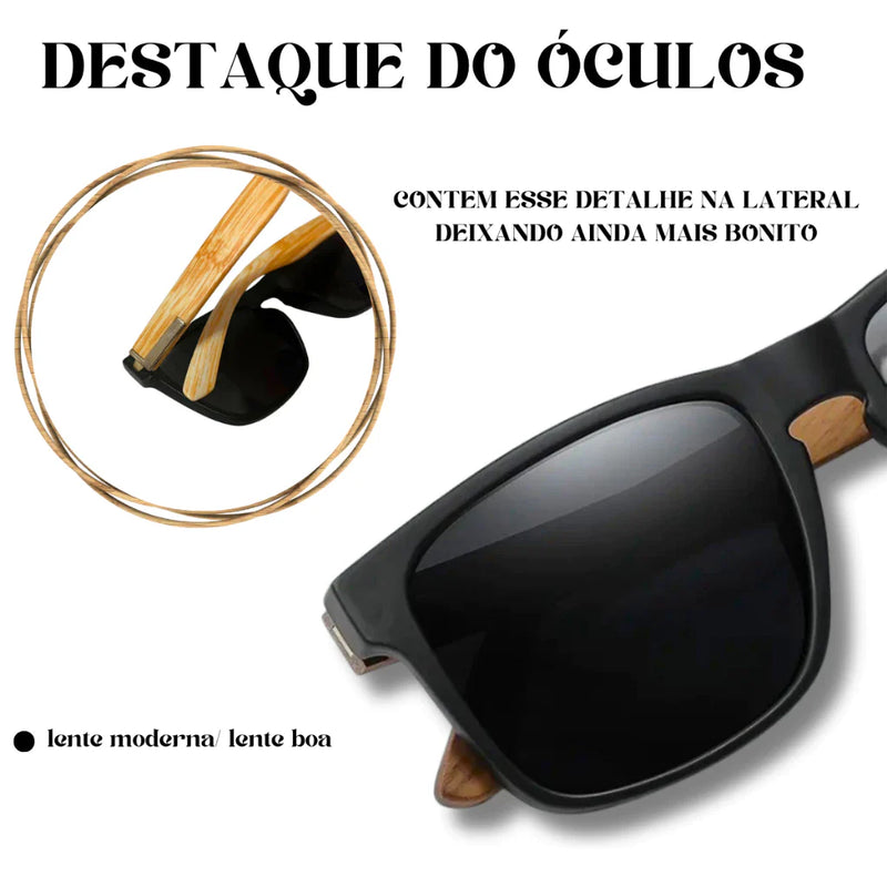 Óculos de Sol Masculino Quadrado Madeira Bambu Premium Verão  Impresso Proteção UV