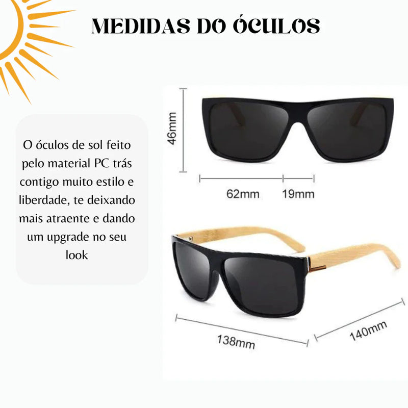 Óculos de Sol Masculino Quadrado Madeira Bambu Premium Verão  Impresso Proteção UV